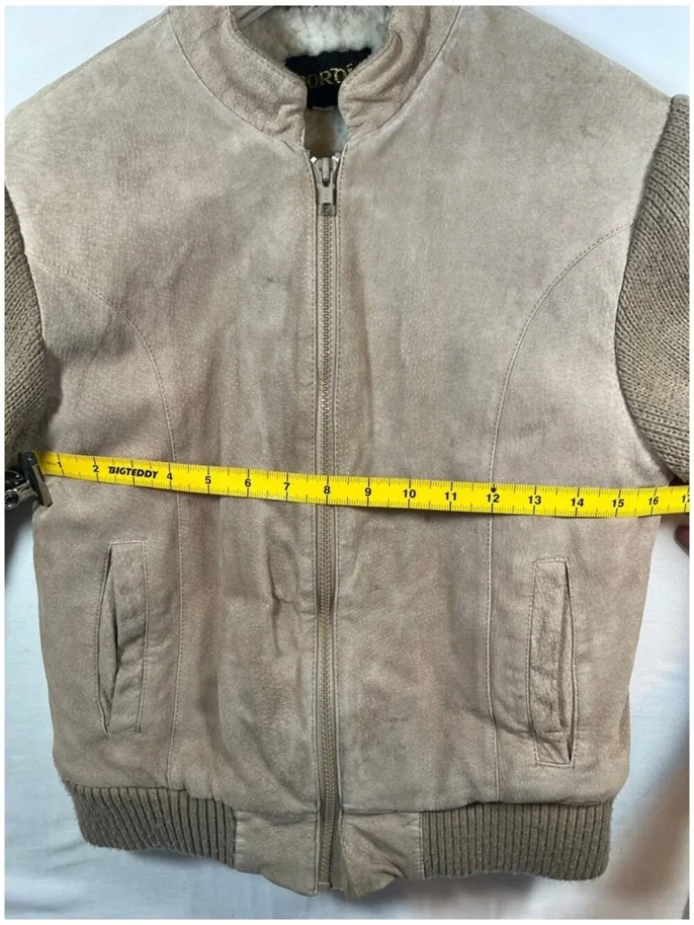 Vintage Noroic Knit Bomber Jacket Tan Pigskin Leather Faux‎ Shearling Lined
